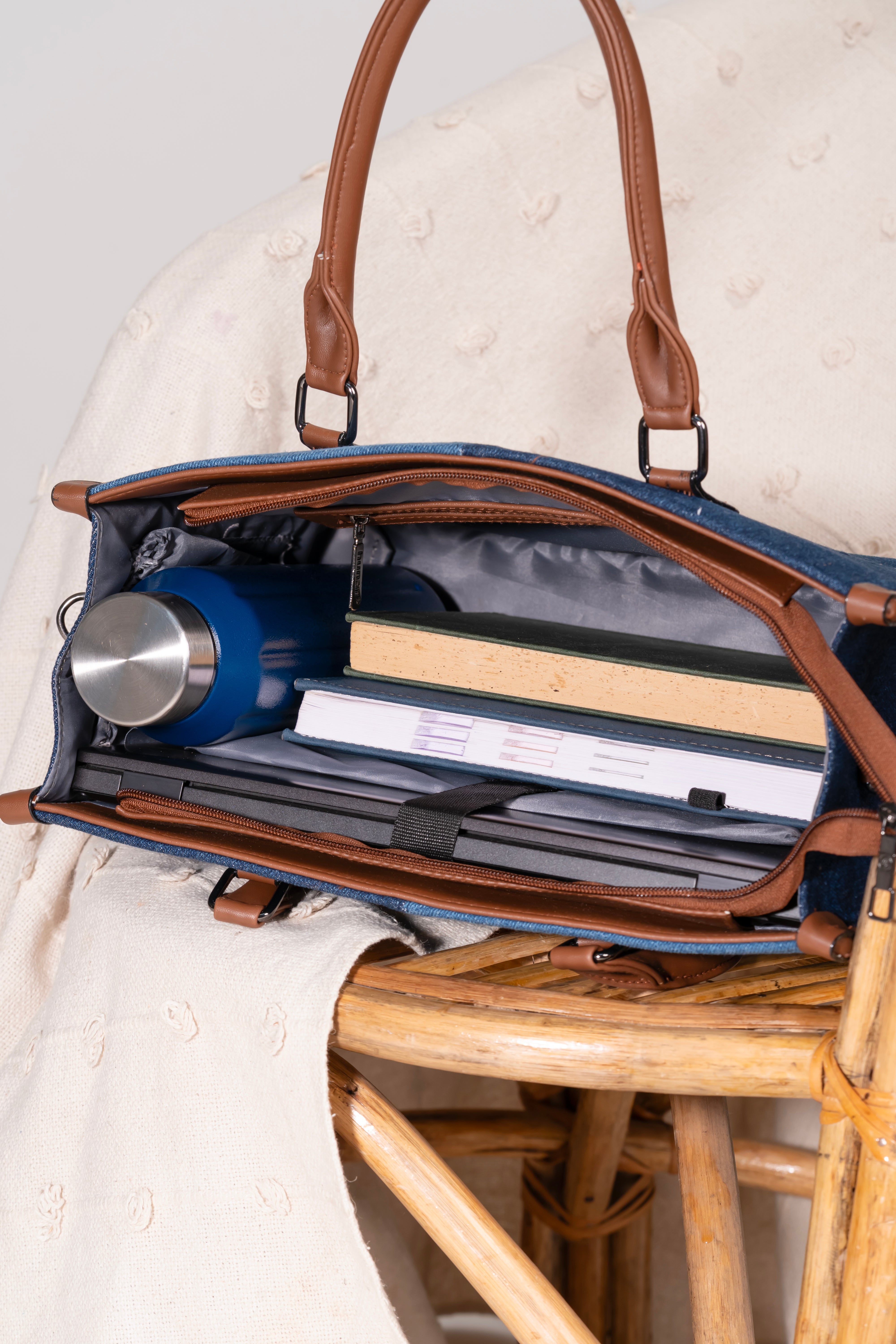 Denim Laptop Tote Bag for Women | Fits 14 Inch Laptop | Office & College Handbag with Adjustable Shoulder Strap | Multi-Compartment Work Bag
