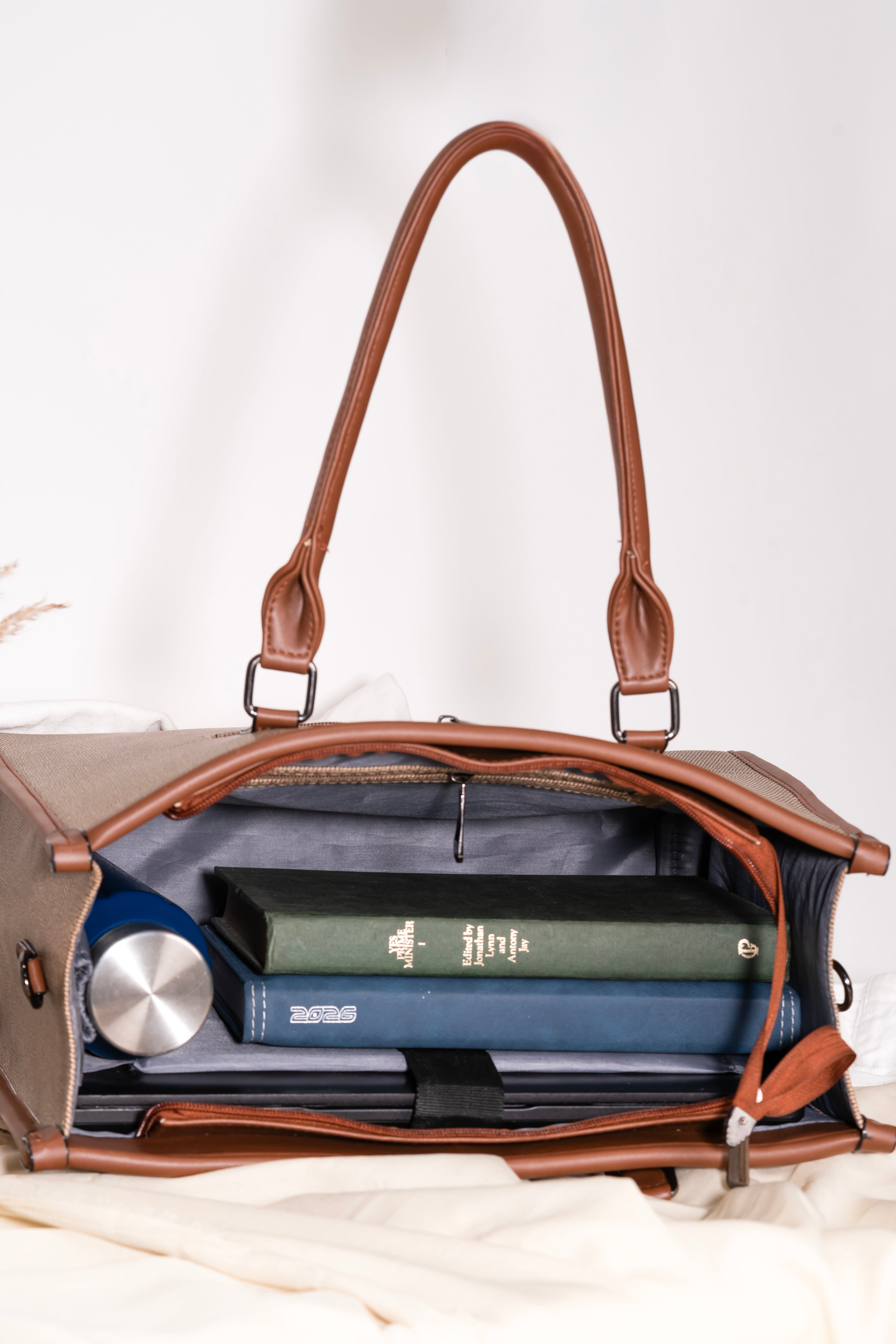 Large Jute Tote Bag for Women with 3 Compartments & 14” Laptop Space